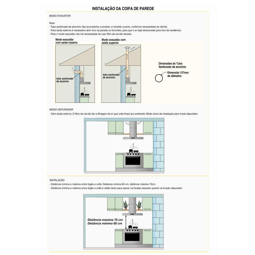 Coifa De Parede 70cm Vidro Curvo Duto Slim Fogatti Inox 220V - 3