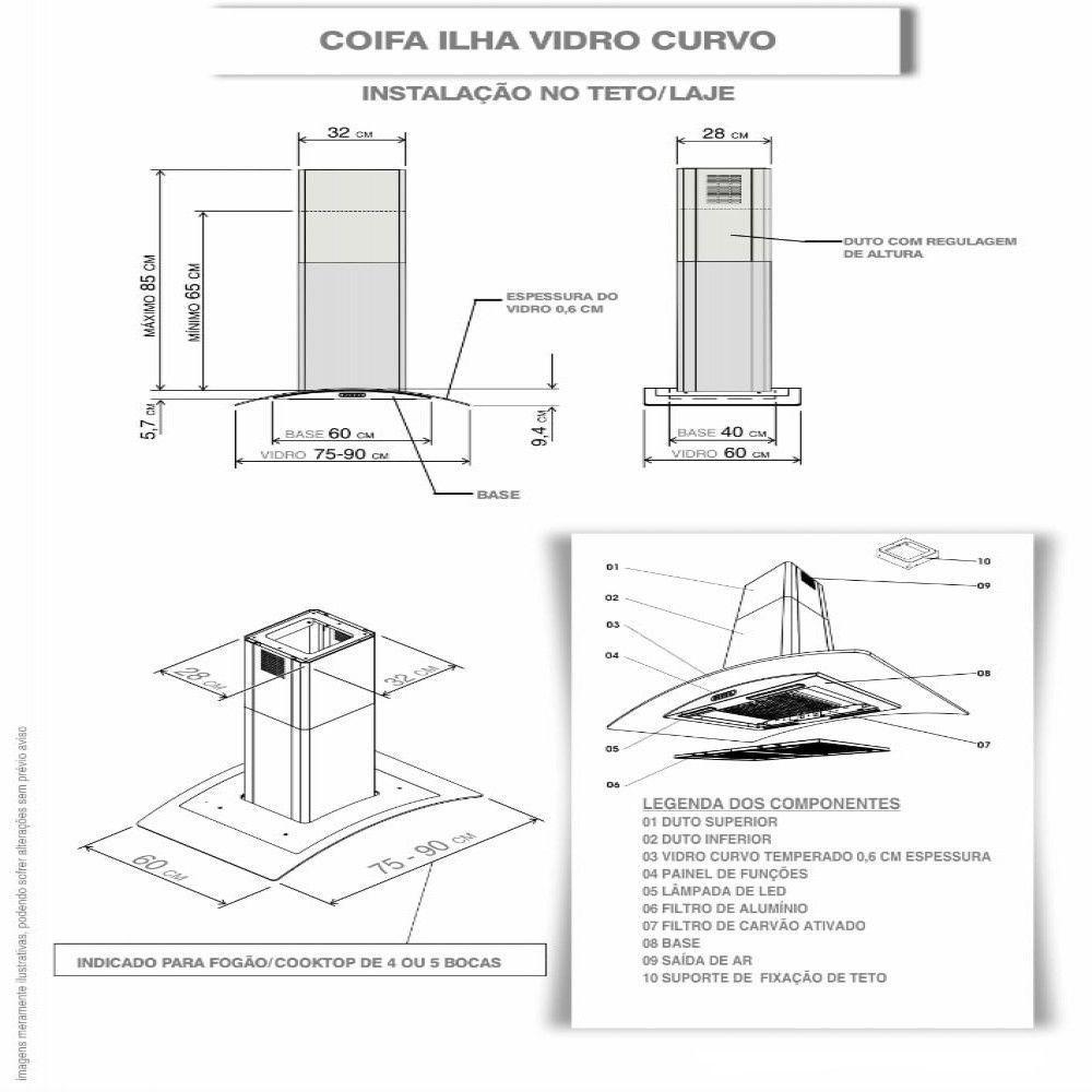 Coifa Ilha 90cm Vidro Curvo Fogatti Inox 220V - 4