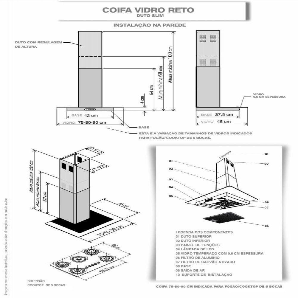 Coifa De Parede 75cm Vidro Reto Duto Slim Fogatti Inox 110V - 7