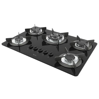 Cooktop a Gás Terim Safe 5 Bocas Vidro Temperado Tripla Chama Preto Bivolt