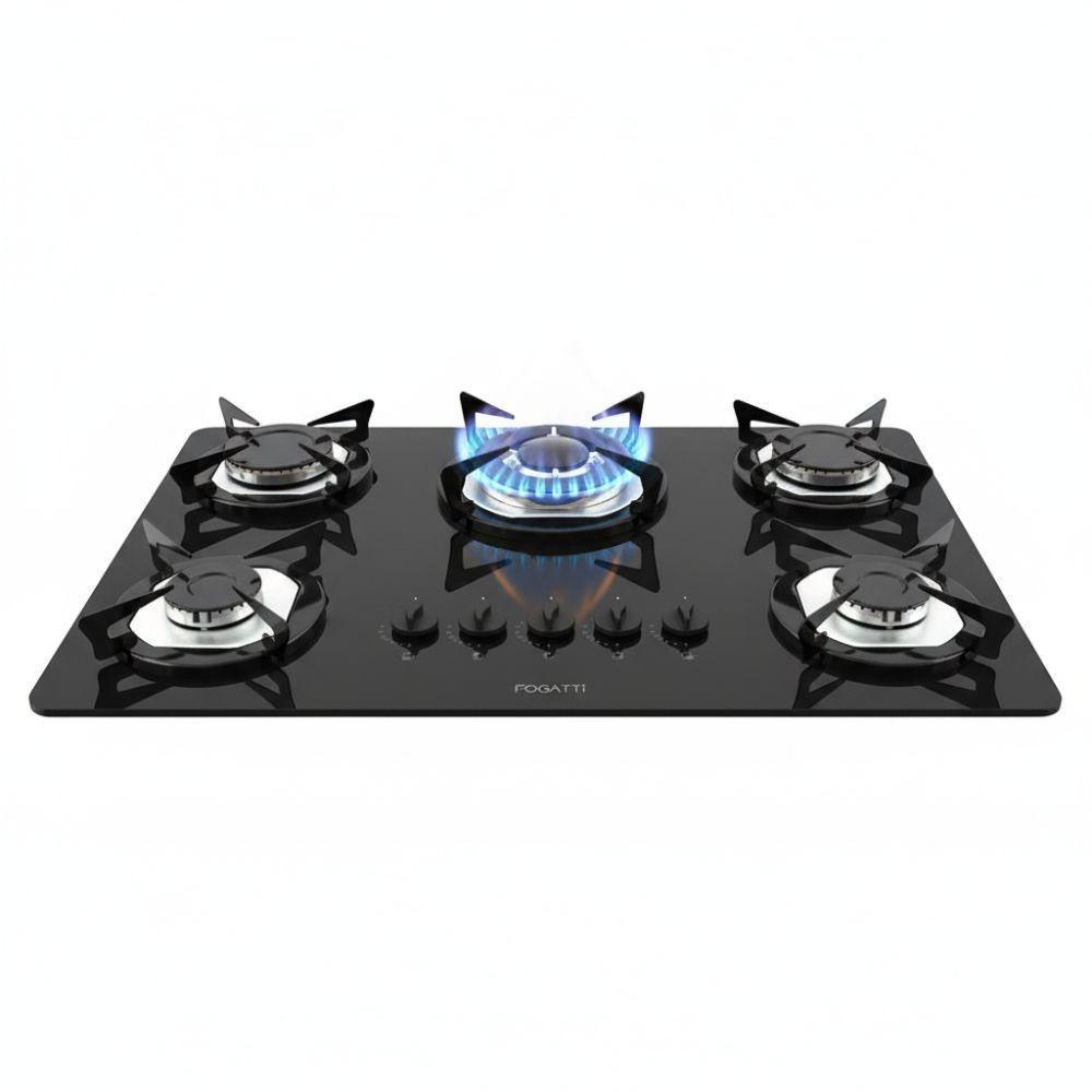 Cooktop Fogatti à Gás Fgt 5b Tc Vidro Preto Flange Inox Preto Bivolt - 1