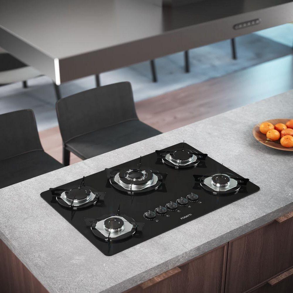 Cooktop Fogatti à Gás Fgt 5b Tc Vidro Preto Flange Inox Preto Bivolt - 2