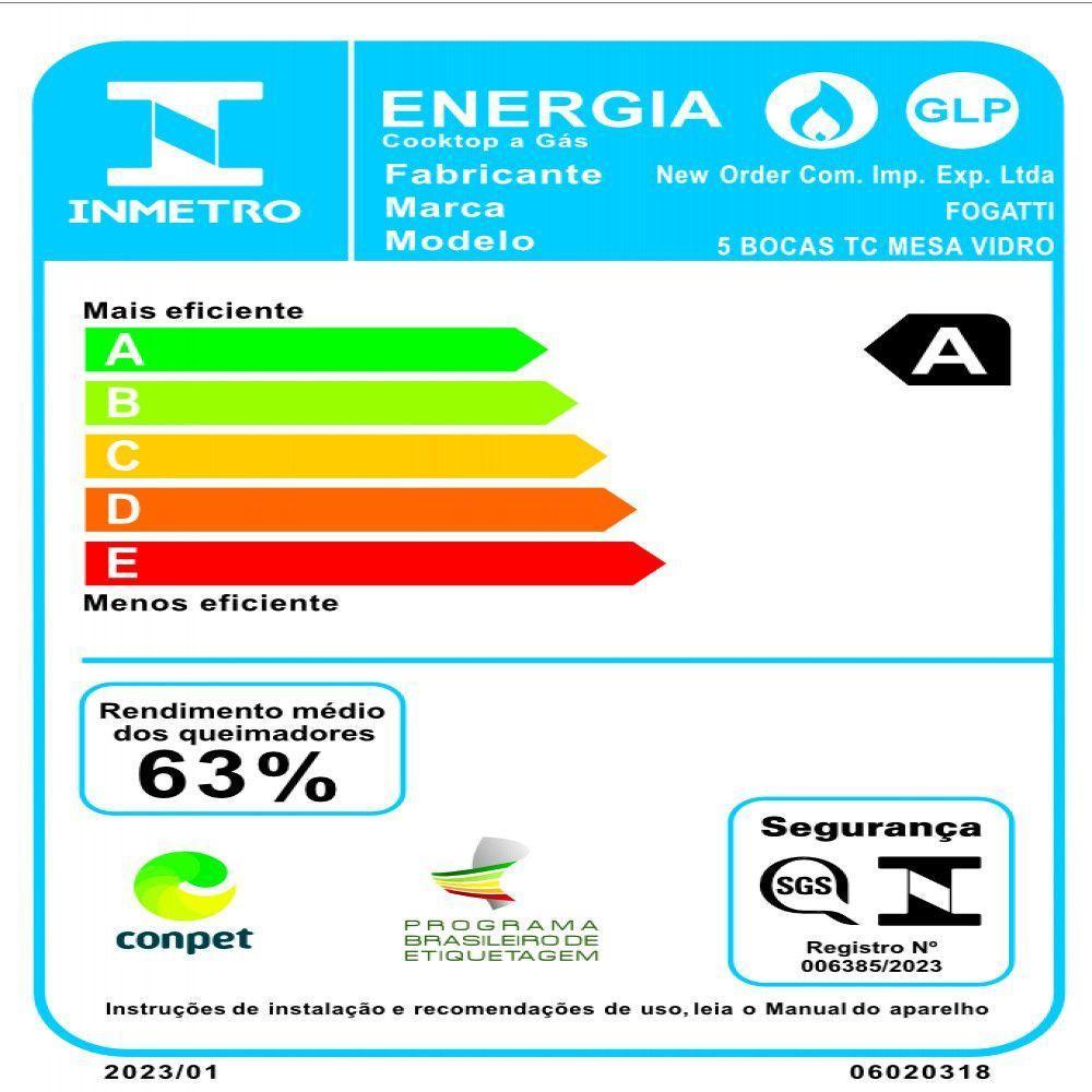 Cooktop Fogatti Safe 5 Bocas Tripla Chama GLP Preto Bivolt - 7