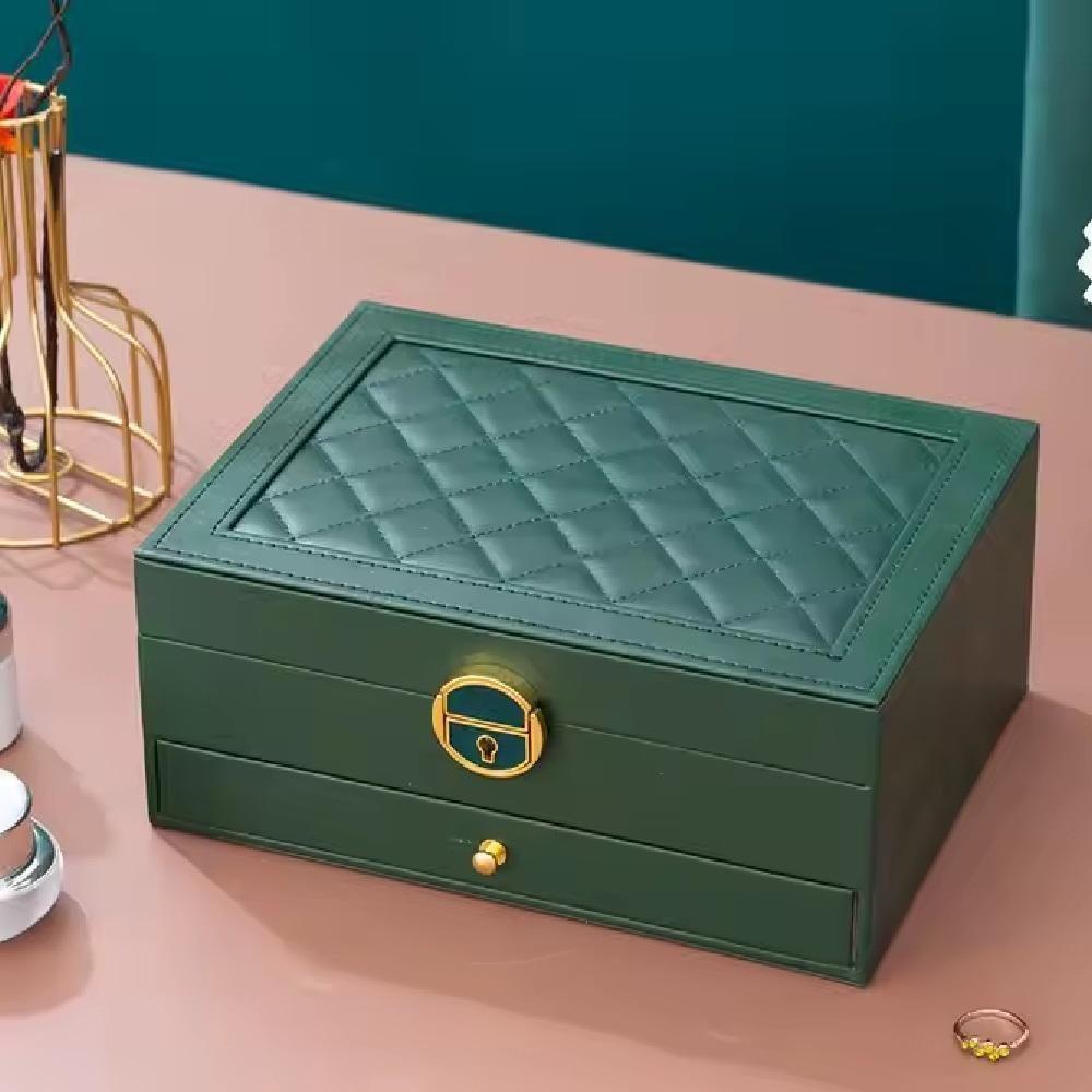 Maleta Caixa Porta Joias Estojo Organizador 2 Niveis Gaveta Para Aneis Brincos Pulseiras Relogio Verde - 3