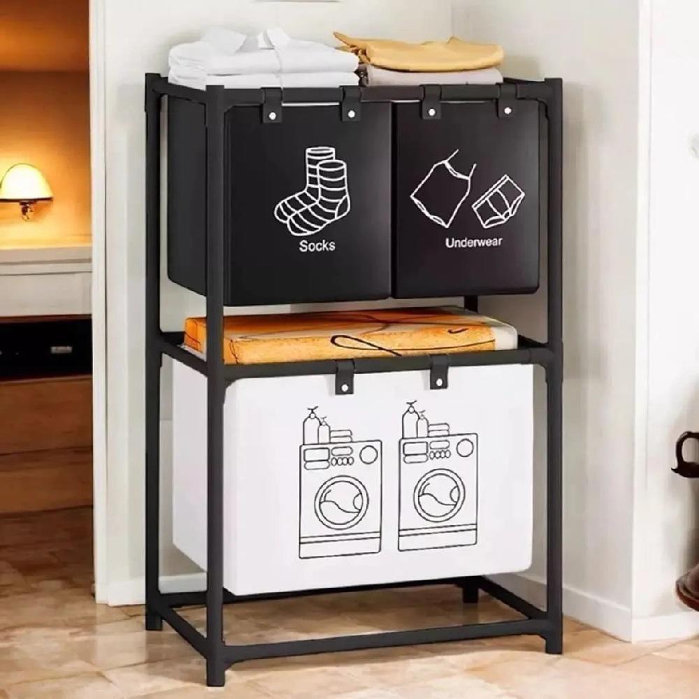 Cesto Lavanderia Triplo Estante Metal Roupa Suja 2 Andares Roupeiro 3 Divisorias Organizador Banheiro Multiuso Armario D - 3