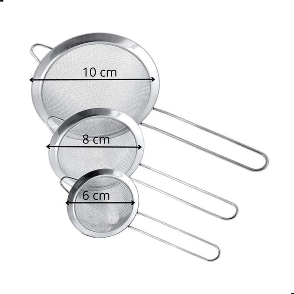 Kit 3 Peneiras De Aço Inox Peneira Fina Para Farinha Chás Açúcar Uso Doméstico Na Cozinha - 3