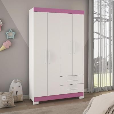 Guarda-roupa Com 4 Portas E 2 Gavetas Branco Com Rosa Nt5005 Notável Móveis