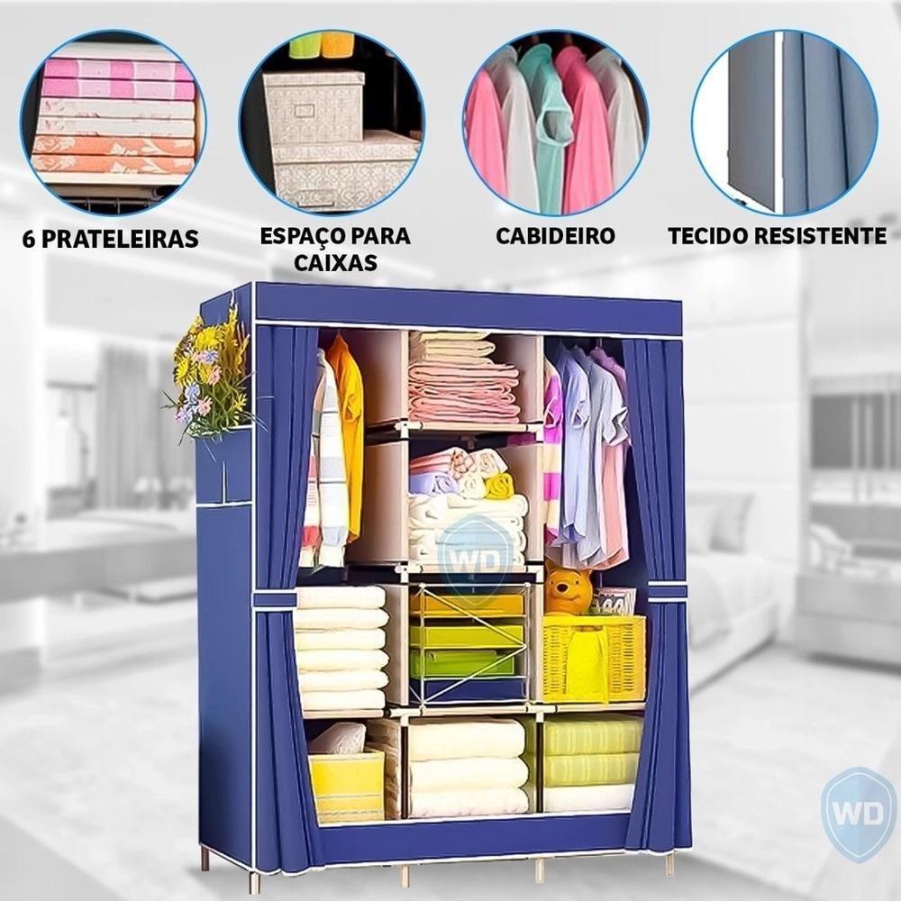 Guarda Roupa Portatil Grande Armario Sapateira Cabideiro Arara Praia Camping Viagem Prateleiras Organizador 175cm - 2