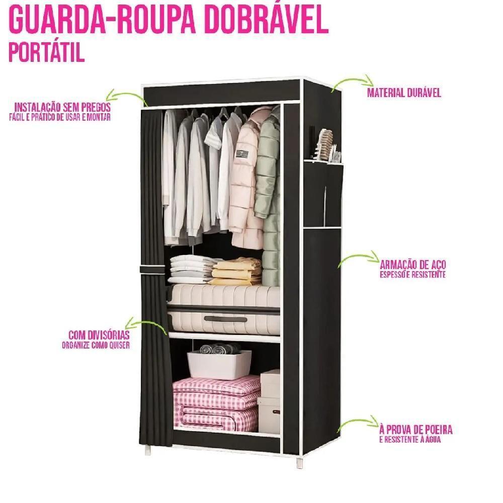 Guarda Roupa Dobravel Portatil Com Cabideiro Prateleira Multiuso Organizador Infantil Adulto Praia Brinquedos Preto - 4
