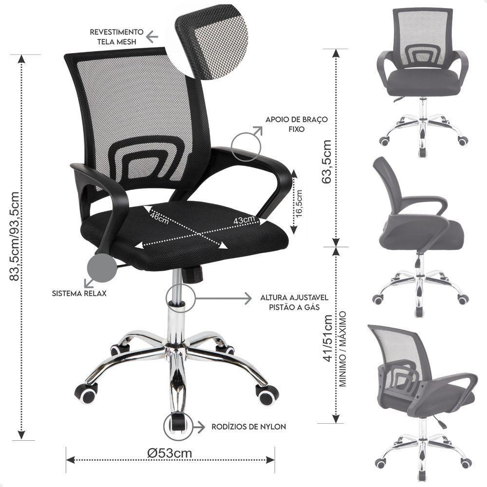 Kit 03 Cadeiras Escritório Giratória Preta Regulagem Altura - 5