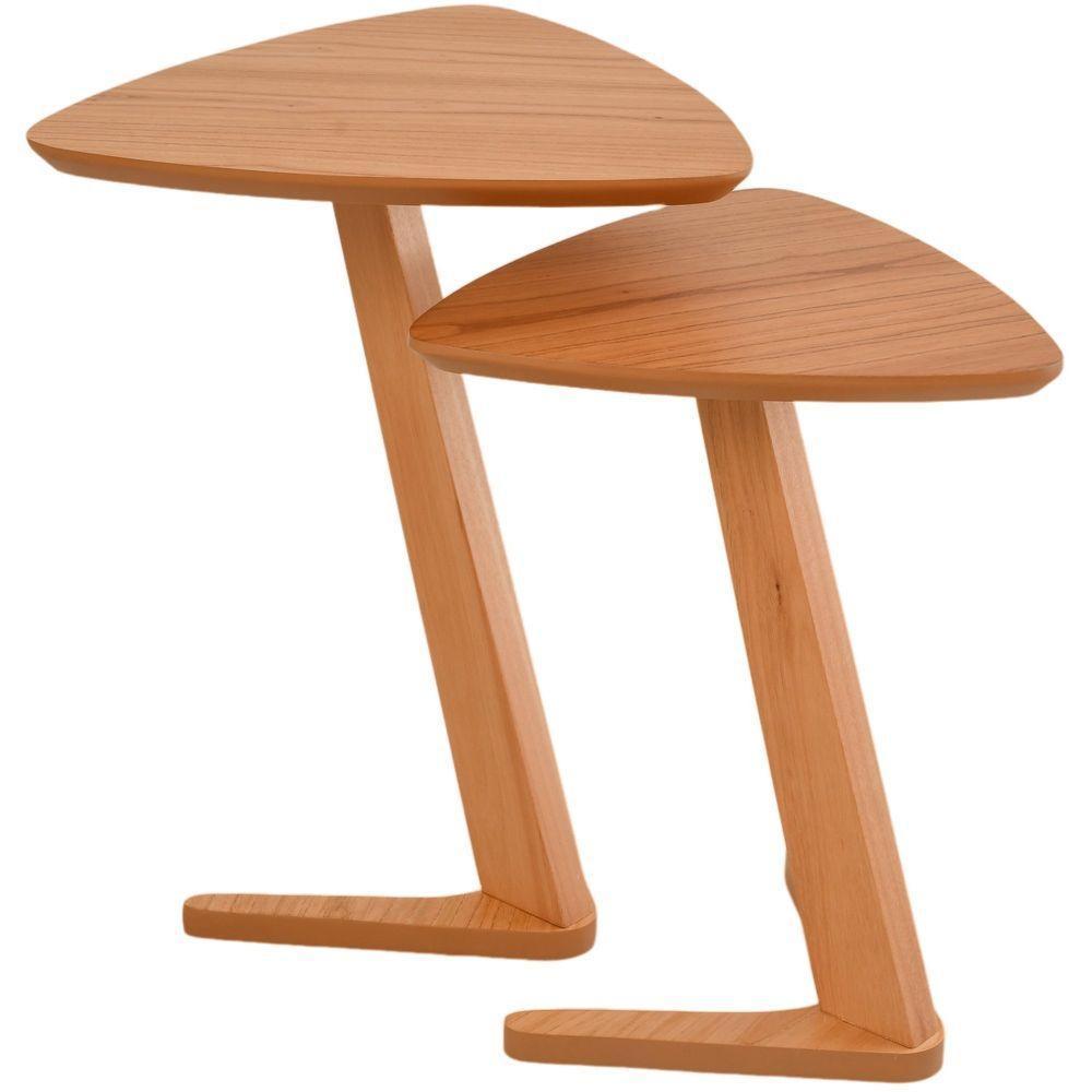 Conjunto Mesa Lateral De Apoio Flat Moderna Alta/baixa Madeira Maciça Amêndoa - 1