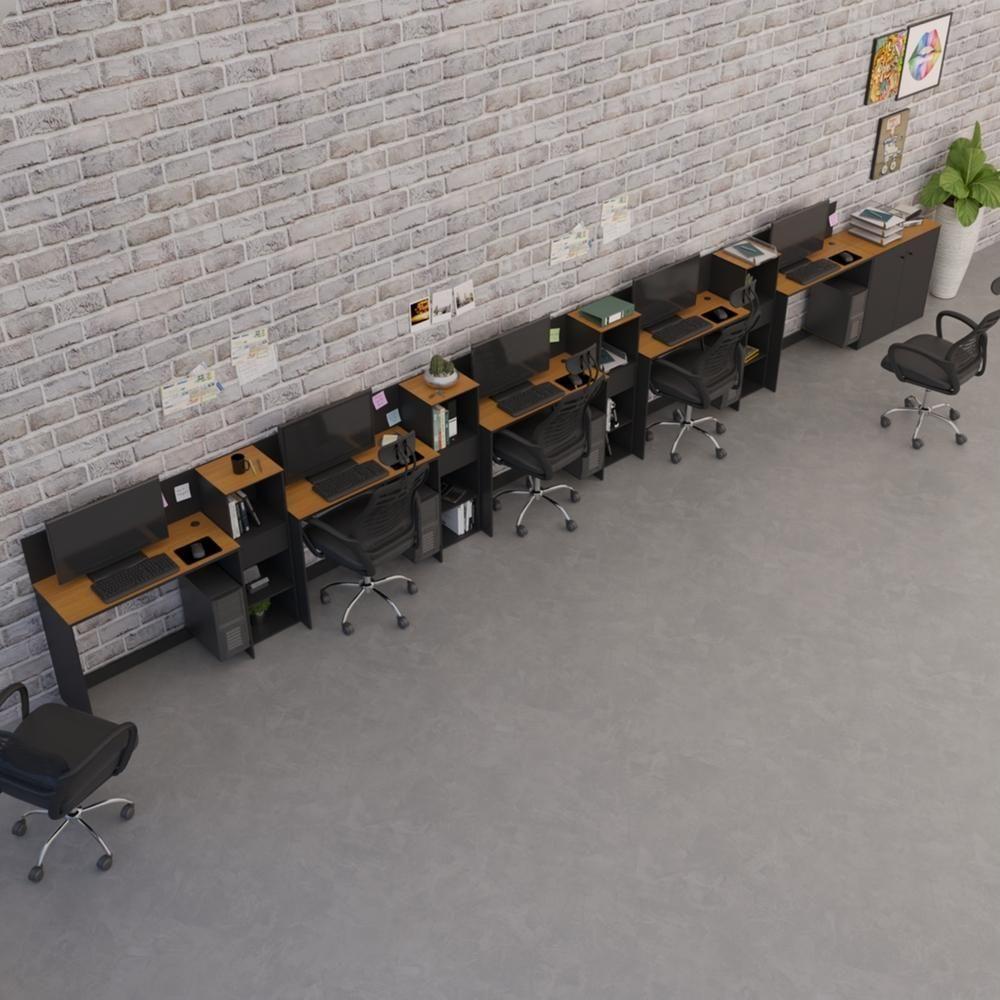 Conjunto De Escritório Tech 4 Livreiro 1 Buffet E 5 Mesas 90 - Preto E Cedro Preto E Cedro - 1