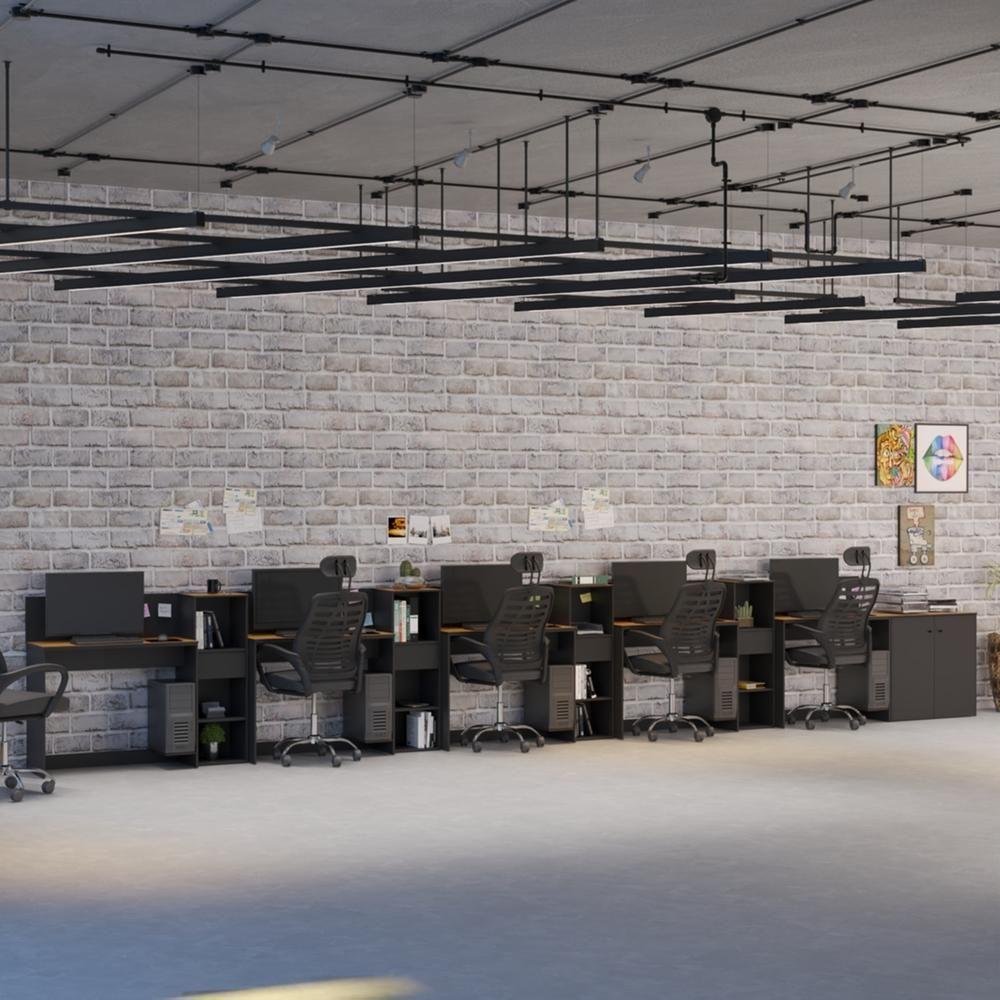 Conjunto De Escritório Tech 4 Livreiro 1 Buffet E 5 Mesas 90 - Preto E Cedro Preto E Cedro - 2