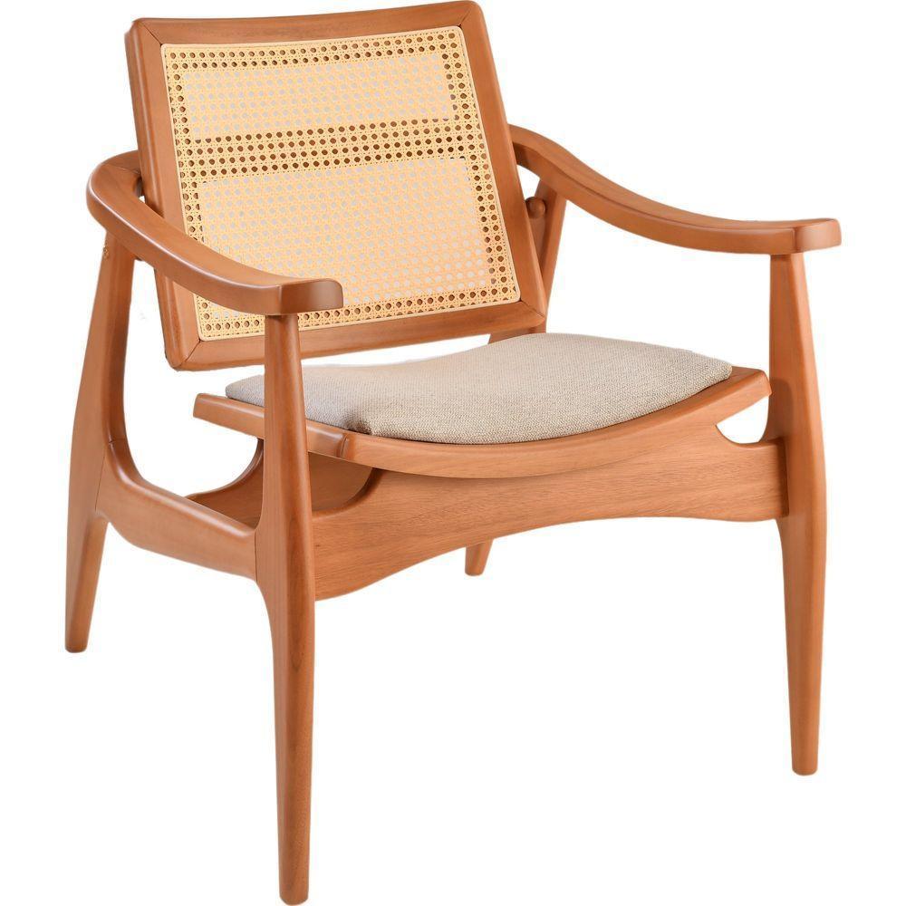 Poltrona Sala Ametista Madeira Maciça Amêndoa Encosto Palha Sextava Assento Tecido Sued - 1