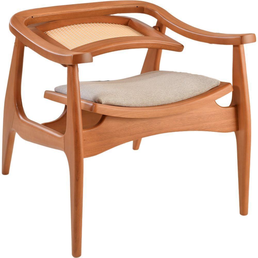 Poltrona Sala Ametista Madeira Maciça Amêndoa Encosto Palha Sextava Assento Tecido Sued - 5