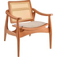 Poltrona Sala Ametista Madeira Maciça Amêndoa Encosto Palha Sextava Assento Tecido Sued - 1