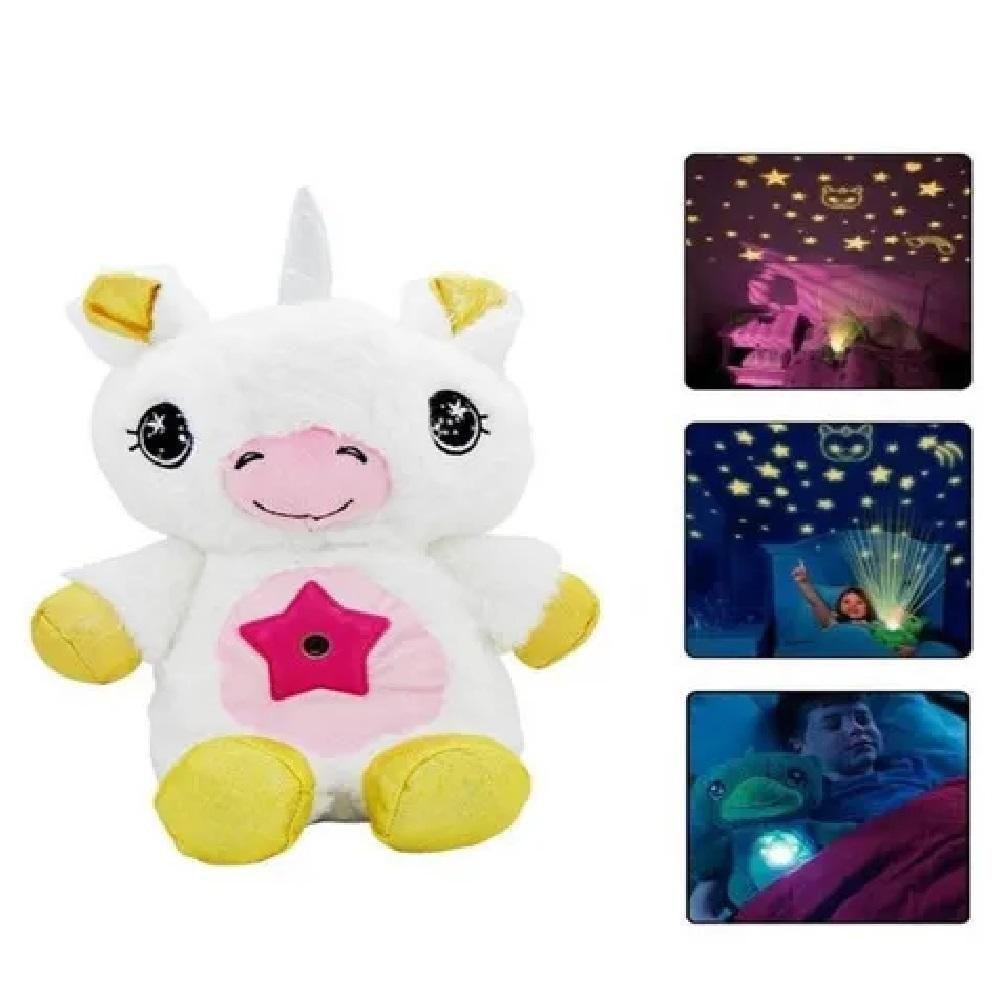 Urso De Pelucia Com Projetor De Estrelas Noite Iluminada Unicornio Musical Luz Noturna Criança Bebe Meninas Branco - 3