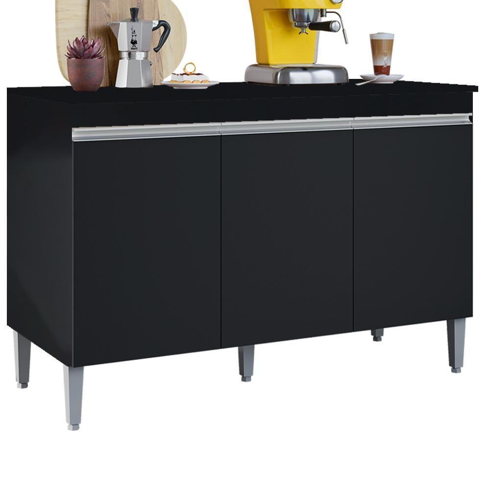 Balcao Com Tampo 3 Portas 120 Cm Manu Preto Reajl Moveis Preto - 1