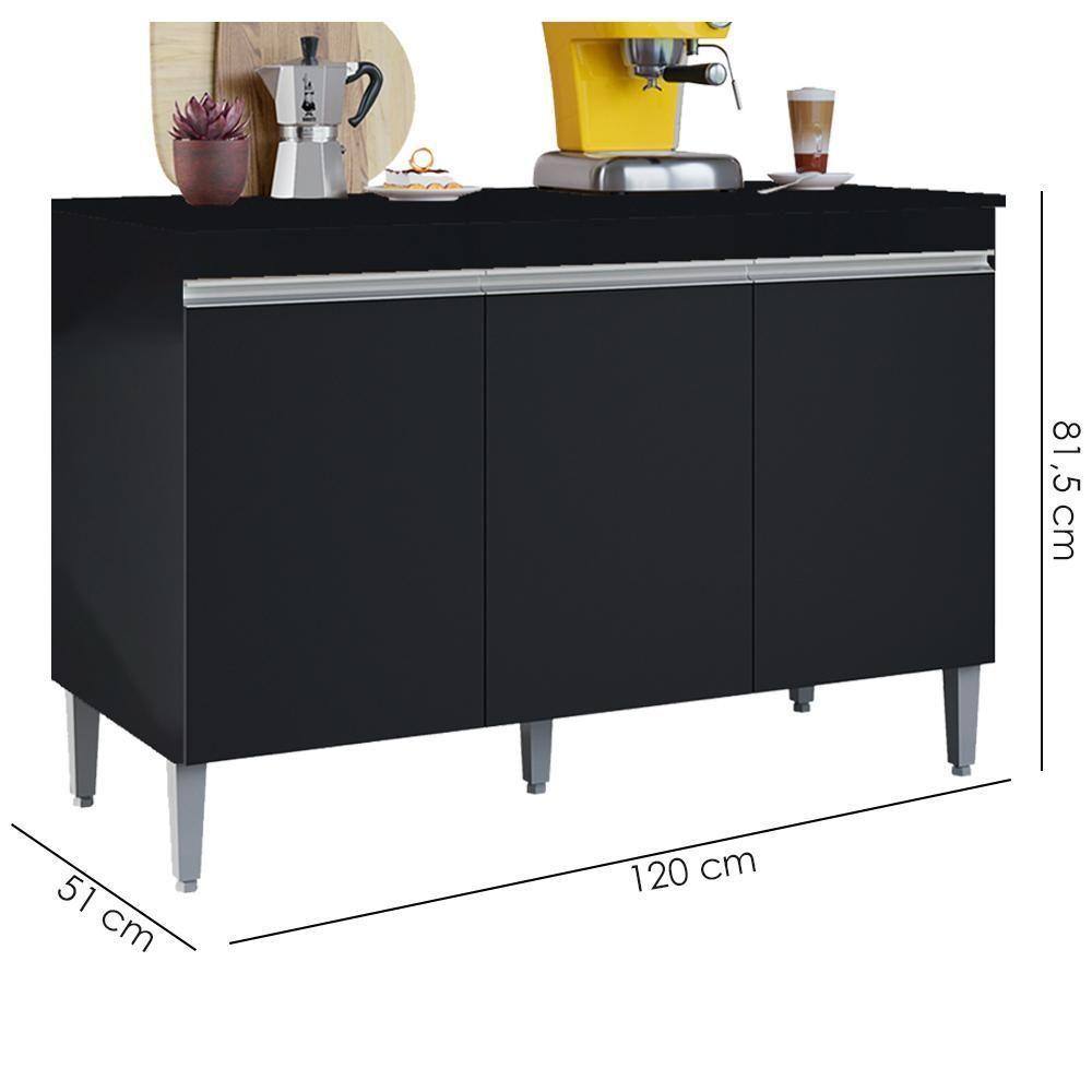 Balcao Com Tampo 3 Portas 120 Cm Manu Preto Reajl Moveis Preto - 3