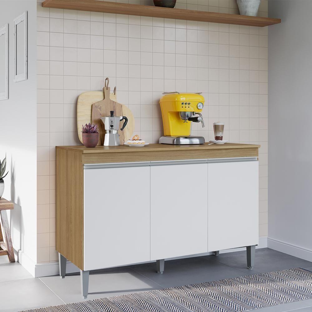 Balcao Com Tampo 3 Portas 120 Cm Manu Amendoa Branco Reajl Moveis Amendoa Branco - 8