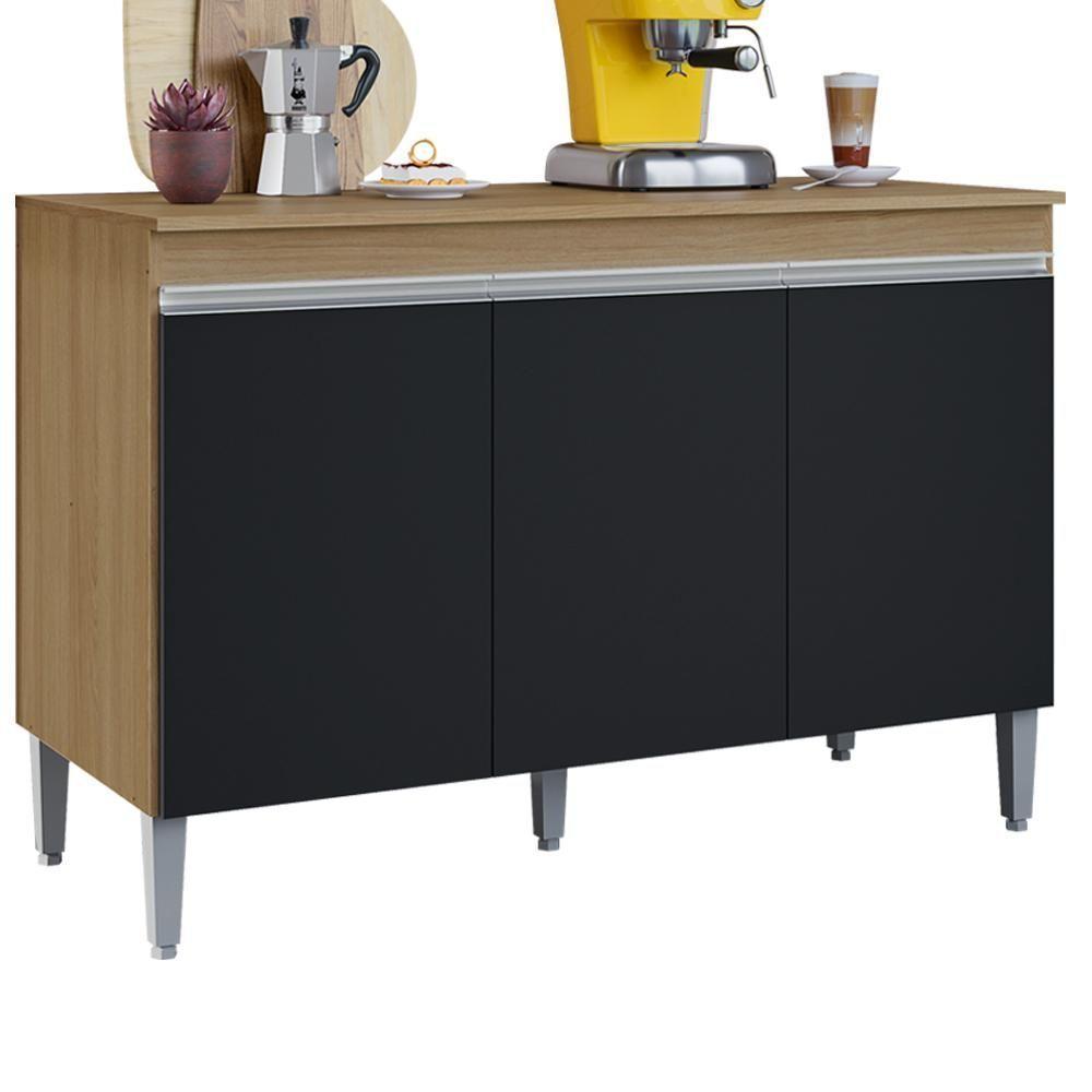 Balcao Com Tampo 3 Portas 120 Cm Manu Amendoa Preto Reajl Moveis Amendoa Preto - 1