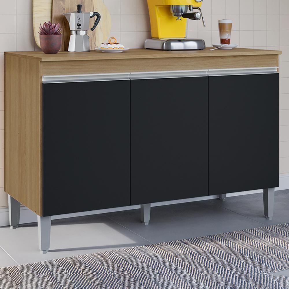 Balcao Com Tampo 3 Portas 120 Cm Manu Amendoa Preto Reajl Moveis Amendoa Preto - 2