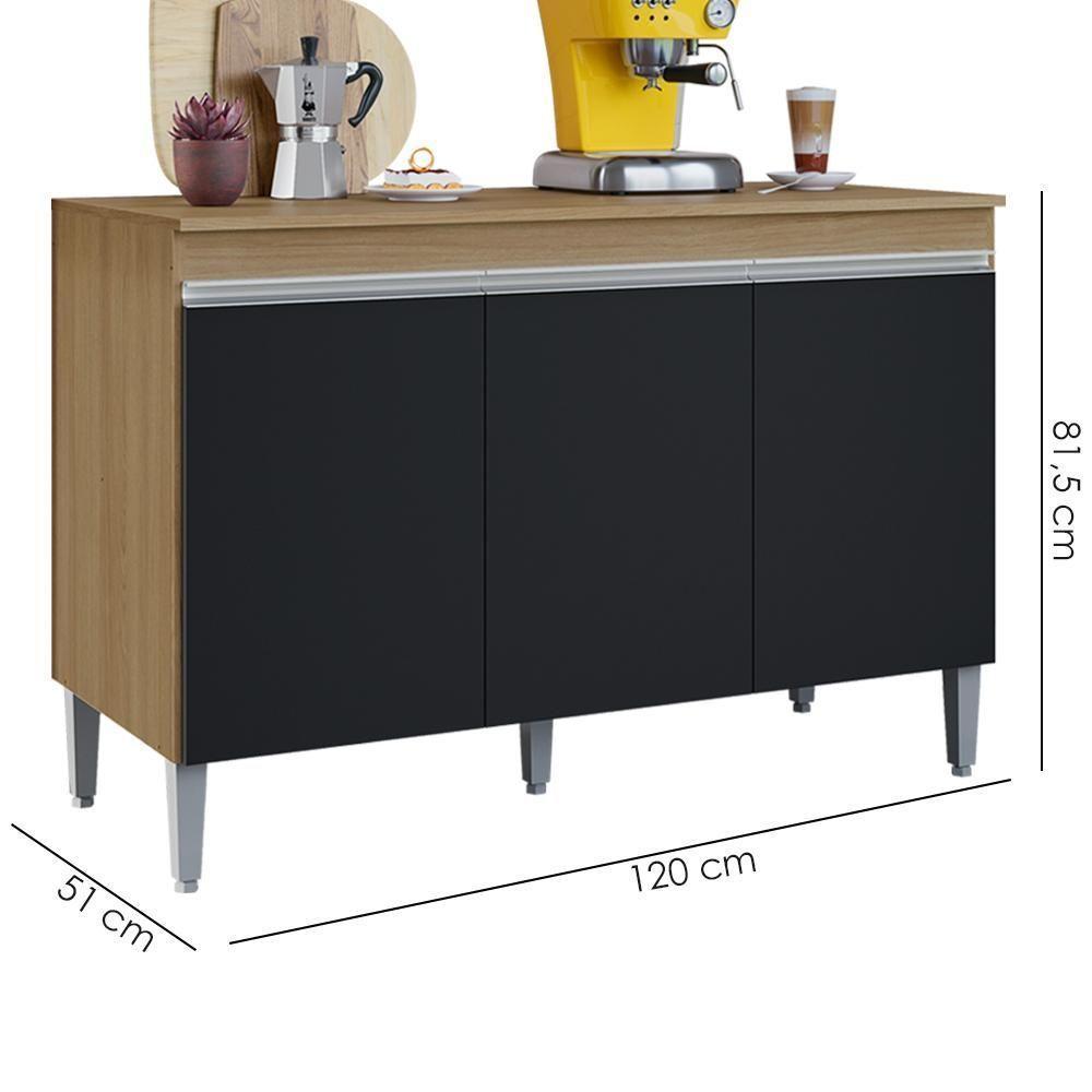 Balcao Com Tampo 3 Portas 120 Cm Manu Amendoa Preto Reajl Moveis Amendoa Preto - 3