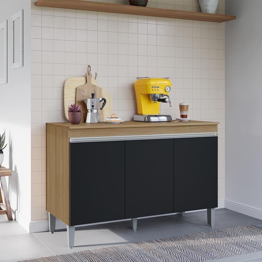 Balcao Com Tampo 3 Portas 120 Cm Manu Amendoa Preto Reajl Moveis Amendoa Preto - 8