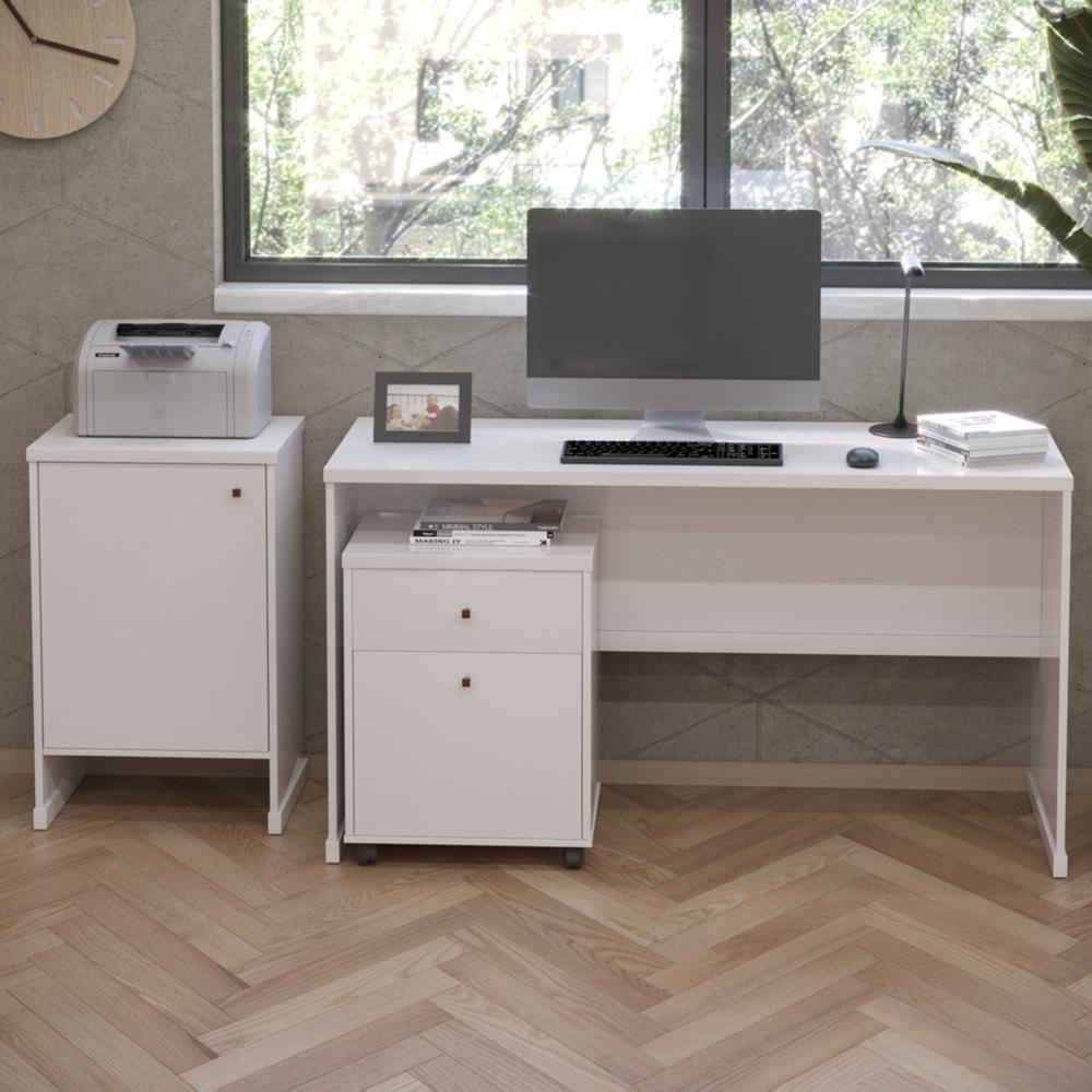 Conjunto Escritório 3 Peças - Mesa Gaveteiro E Balcão Verben - Branco Branco - 7