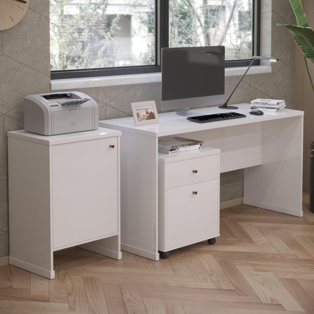 Conjunto Escritório 3 Peças - Mesa Gaveteiro E Balcão Verben - Branco Branco - 8