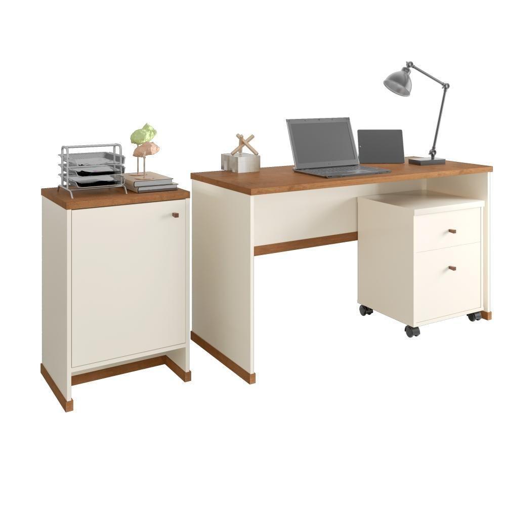 Conjunto Escritório 3 Peças - Mesa Gaveteiro E Balcão Verben - Offwhite/naturale Offwhite/naturale - 1