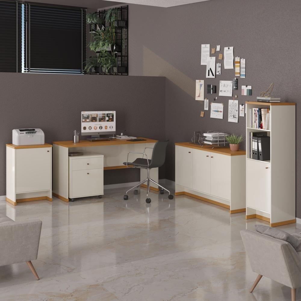 Conjunto Escritório Office Escrivaninha Balcões Gaveteiro Ve - Off White/naturale Off White/naturale - 1