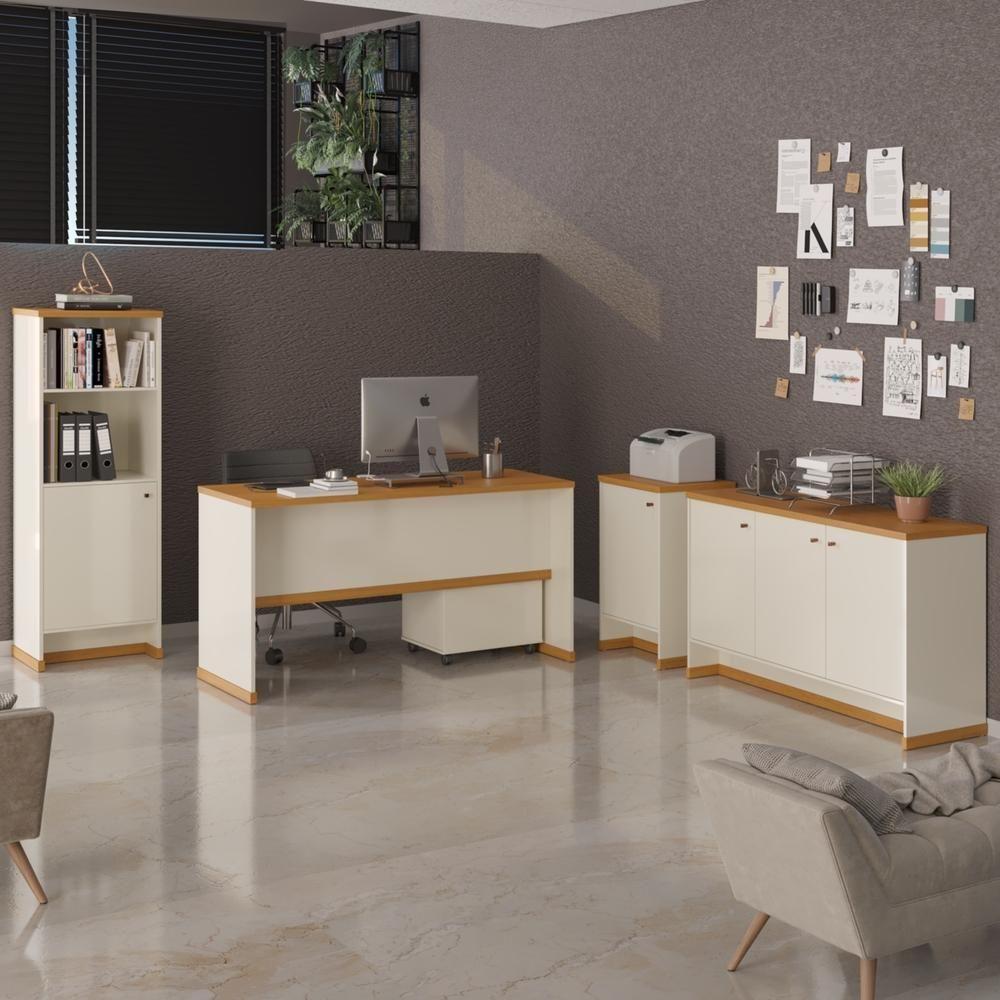 Conjunto Escritório Office Escrivaninha Balcões Gaveteiro Ve - Off White/naturale Off White/naturale - 2