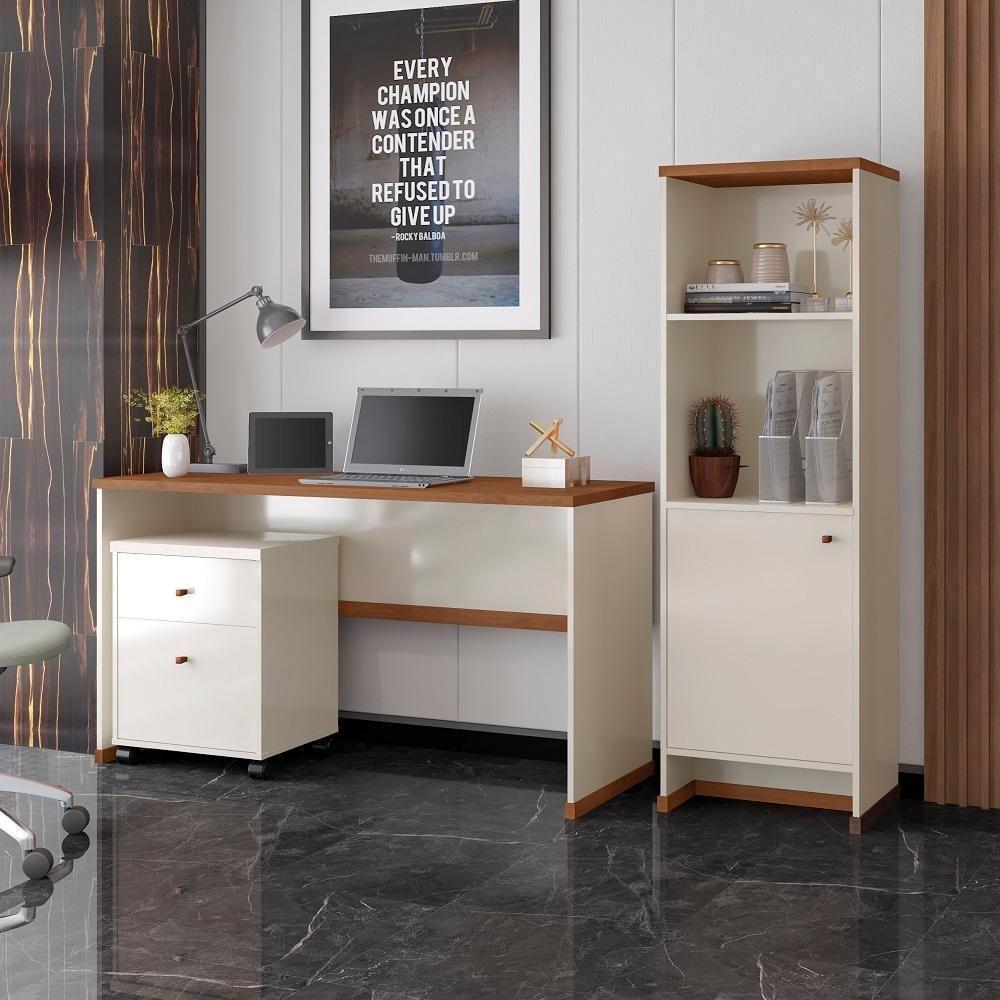 Conjunto Escritório 3 Peças - Mesa Armário E Gaveteiro Verbe - Offwhite/naturale Offwhite/naturale - 2