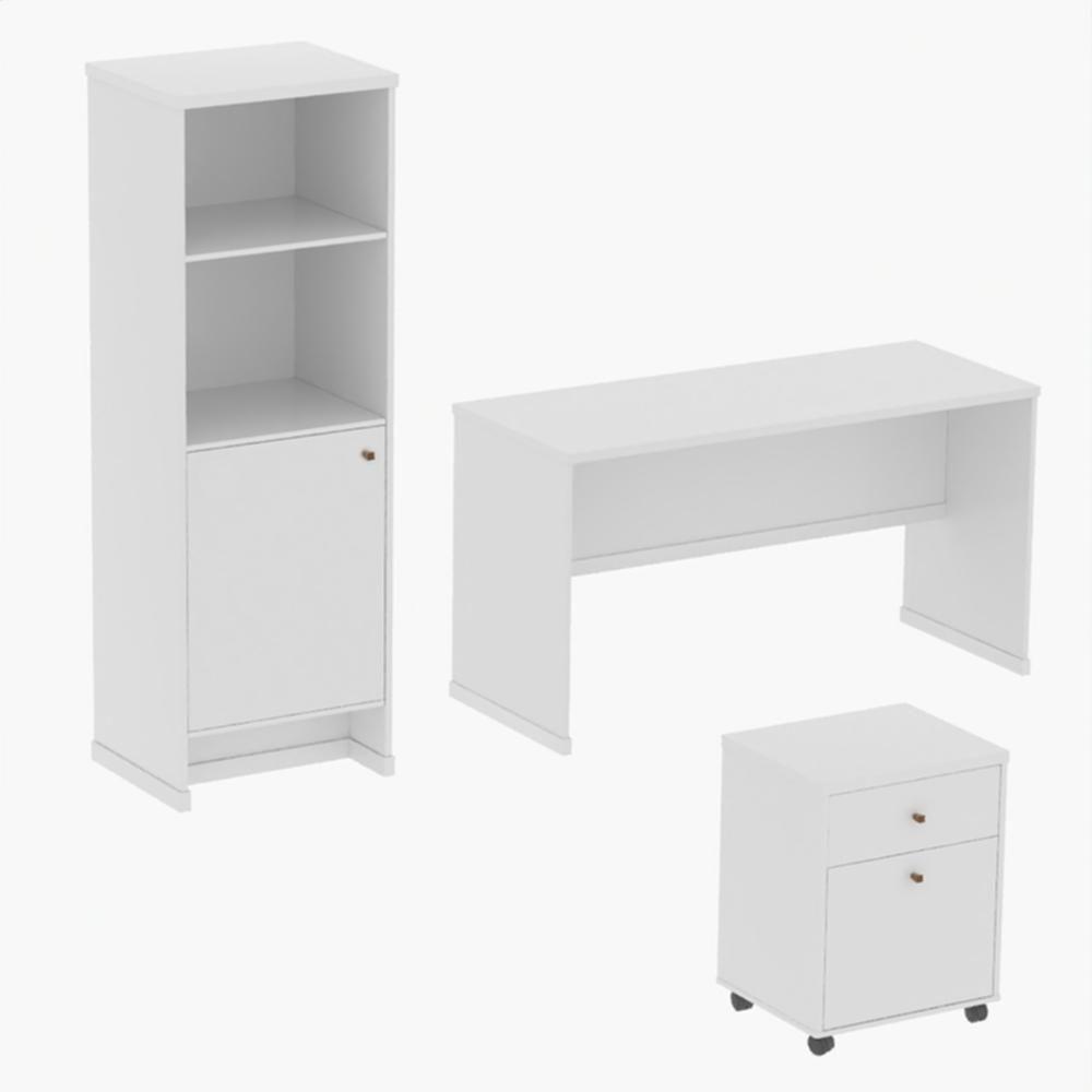 Conjunto Escritório 3 Peças - Mesa Armário E Gaveteiro Verbe - Branco Branco - 2