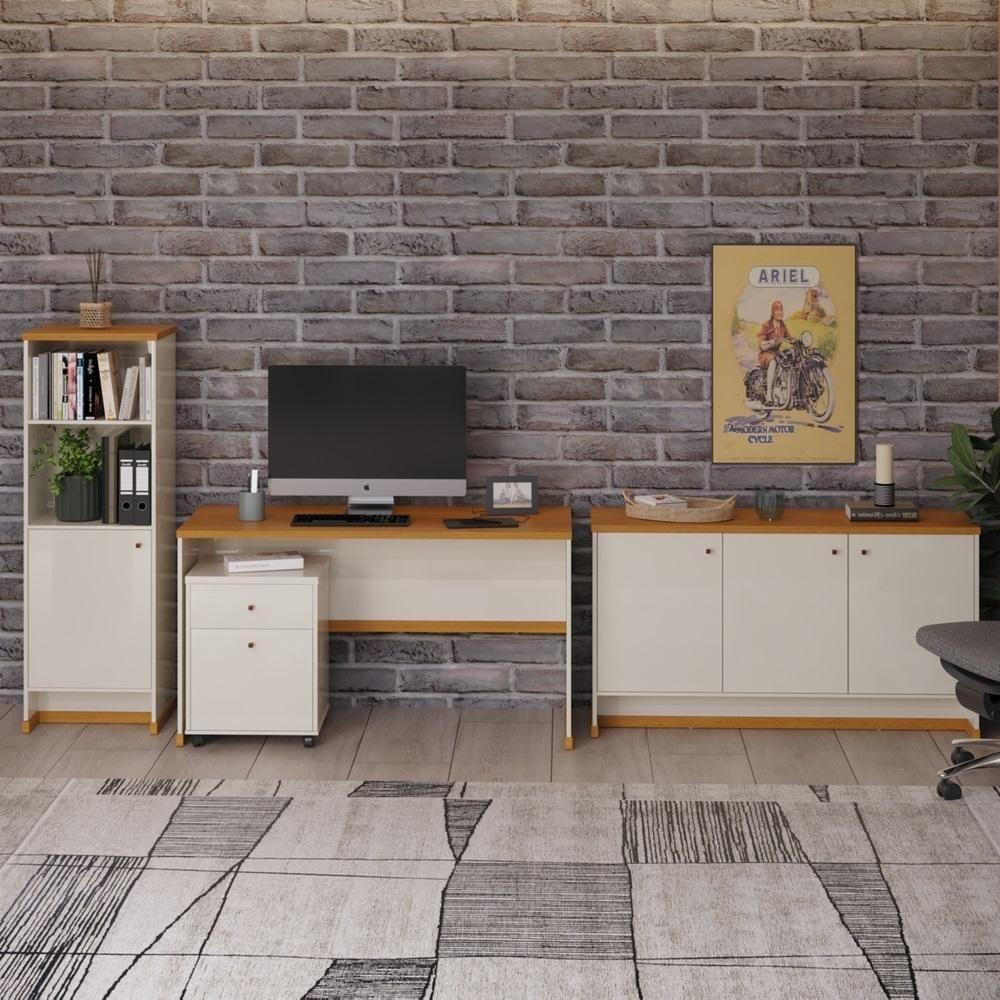 Conjunto Escritório Office 4 Peças Mesa Gaveteiro Armário Bu - Off White E Naturale Off White E Naturale - 7