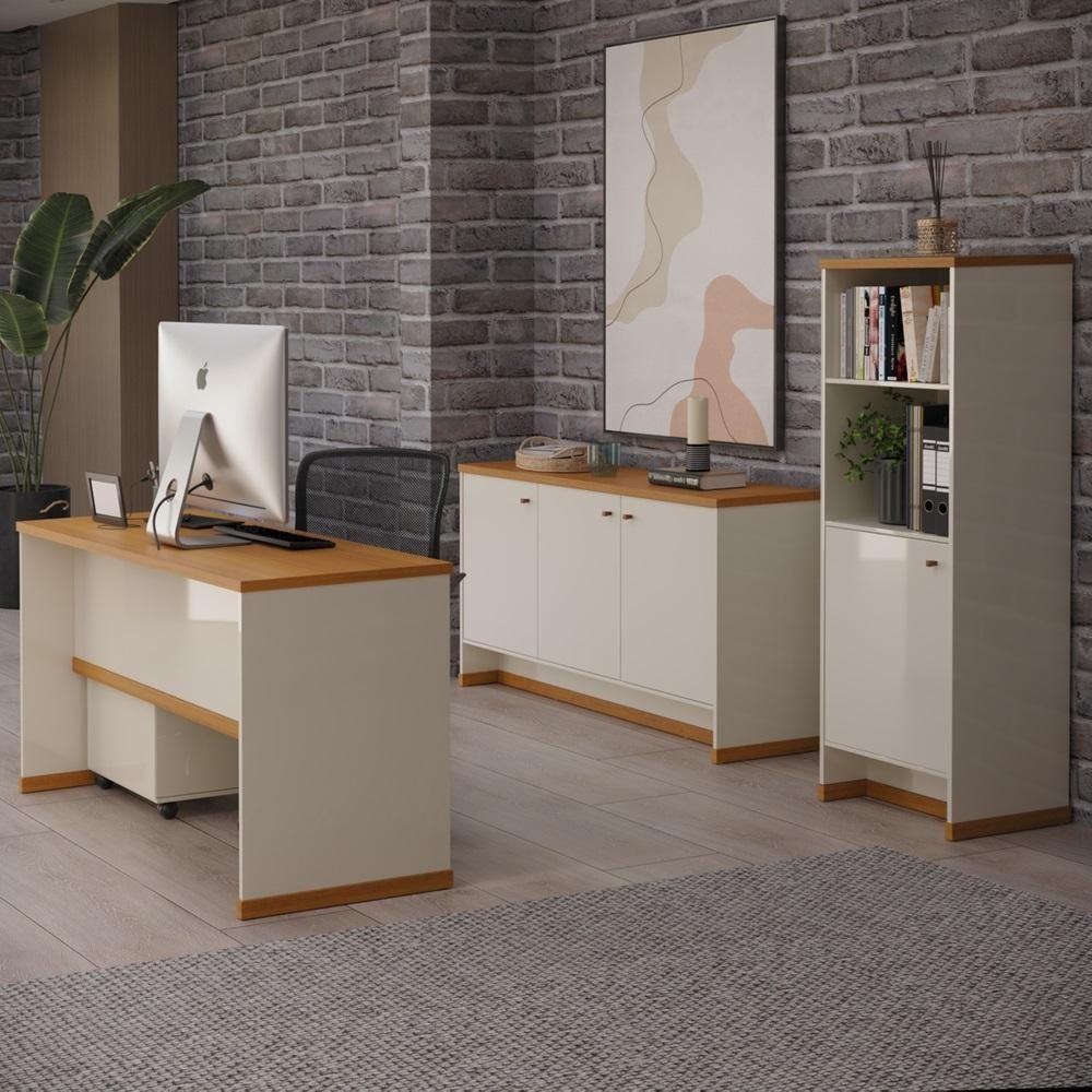 Conjunto Escritório Office 4 Peças Mesa Gaveteiro Armário Bu - Off White E Naturale Off White E Naturale - 8