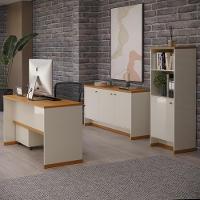 Conjunto Escritório Office 4 Peças Mesa Gaveteiro Armário Bu - Off White E Naturale Off White E Naturale - 8