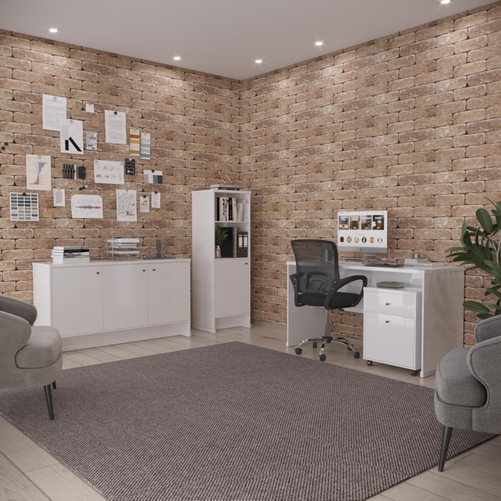 Conjunto Escritório Office 4 Peças Mesa Gaveteiro Armário Bu - Branco Branco - 1
