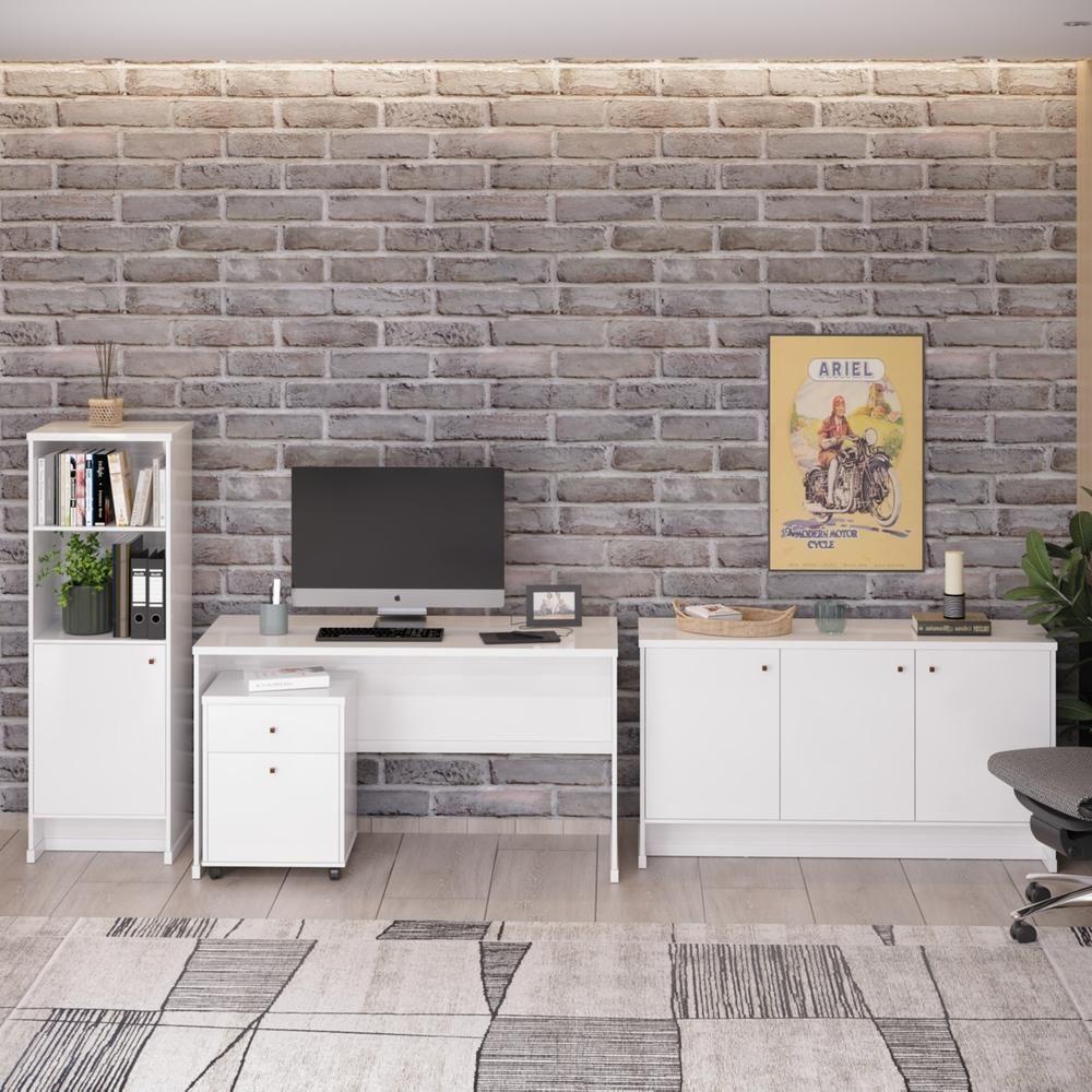 Conjunto Escritório Office 4 Peças Mesa Gaveteiro Armário Bu - Branco Branco - 4