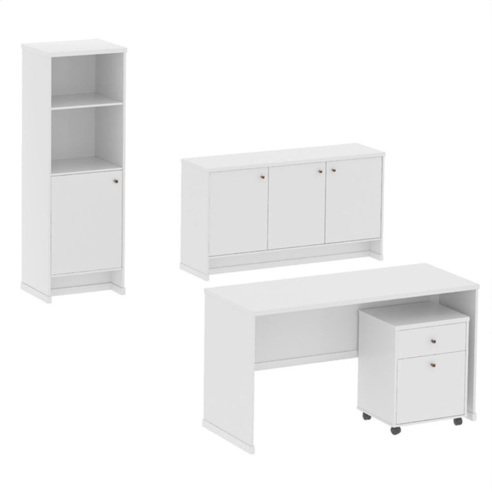 Conjunto Escritório Office 4 Peças Mesa Gaveteiro Armário Bu - Branco Branco - 8