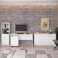 Conjunto Escritório Office 4 Peças Mesa Gaveteiro Armário Bu - Branco Branco