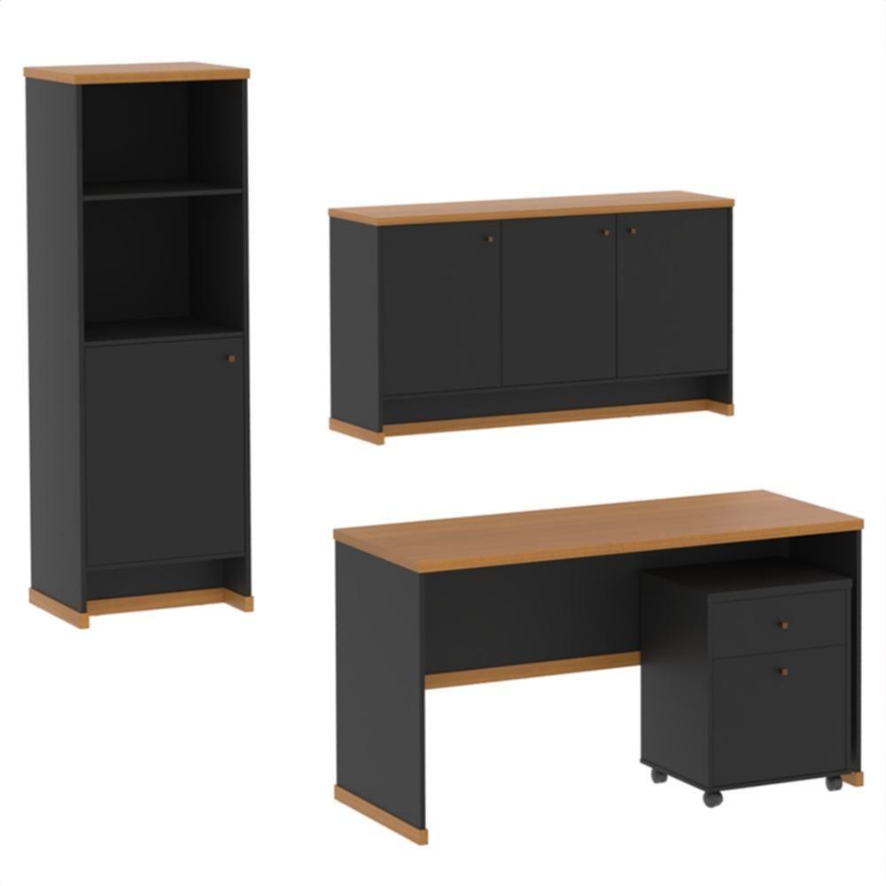 Conjunto Escritório Office 4 Peças Mesa Gaveteiro Armário Bu - Preto E Naturale Preto E Naturale - 4