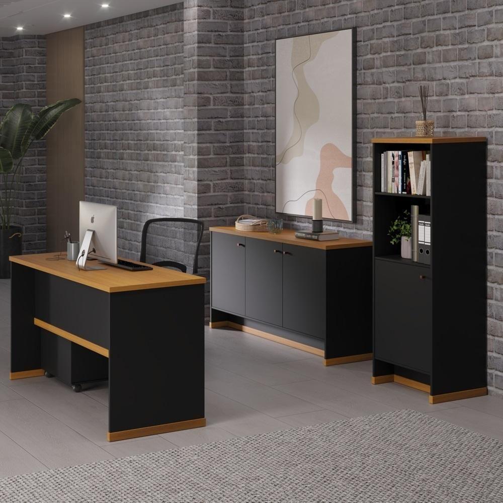 Conjunto Escritório Office 4 Peças Mesa Gaveteiro Armário Bu - Preto E Naturale Preto E Naturale - 9