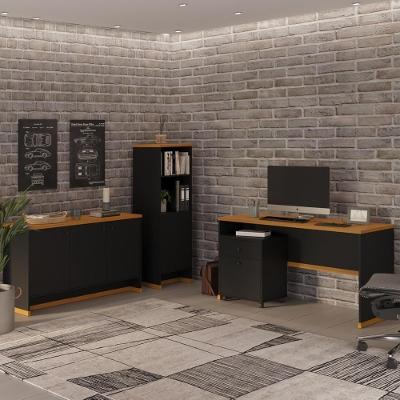 Conjunto Escritório Office 4 Peças Mesa Gaveteiro Armário Bu - Preto E Naturale Preto E Naturale