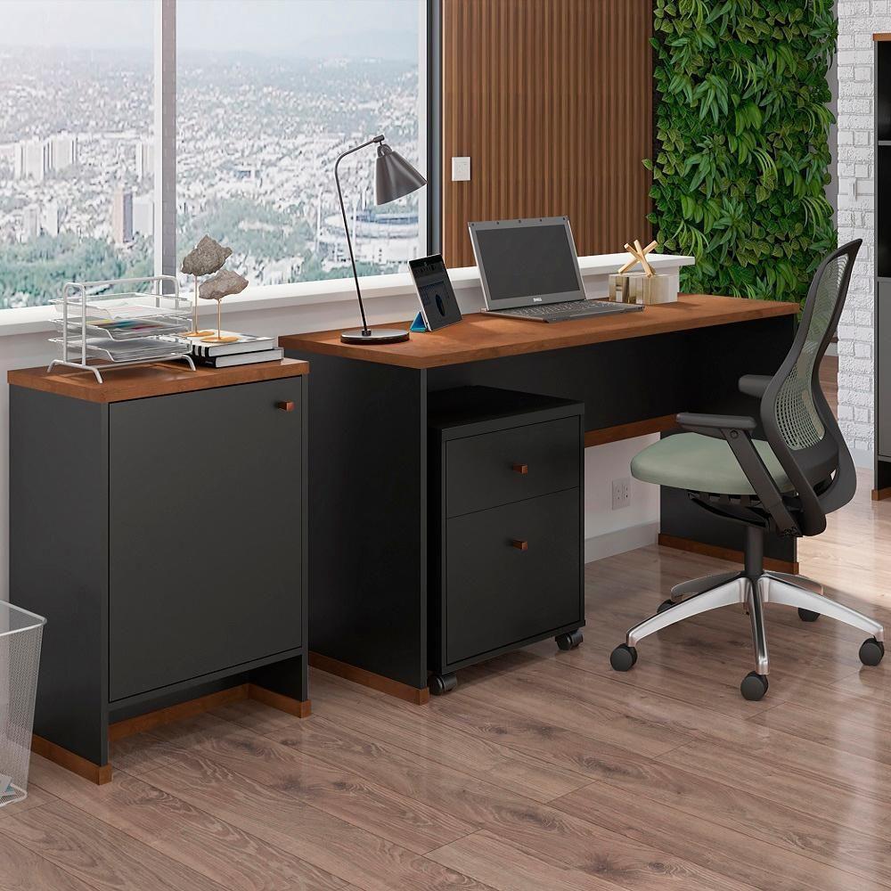 Conjunto Escritório 3 Peças - Mesa Gaveteiro E Balcão Verben - Preto/naturale Preto/naturale - 2