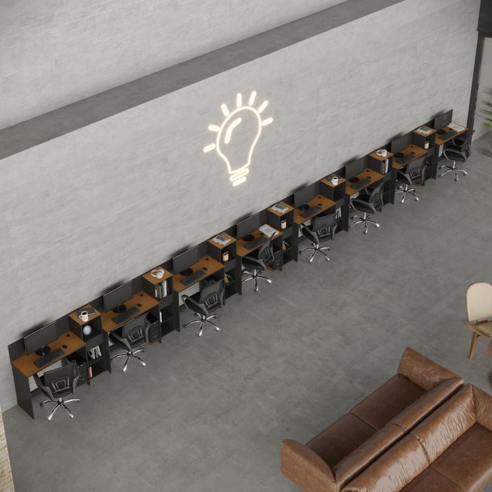 Conjunto De Escritório Tech 7 Livreiro E 8 Mesas 90cm - Vian - Preto E Cedro Preto E Cedro - 1