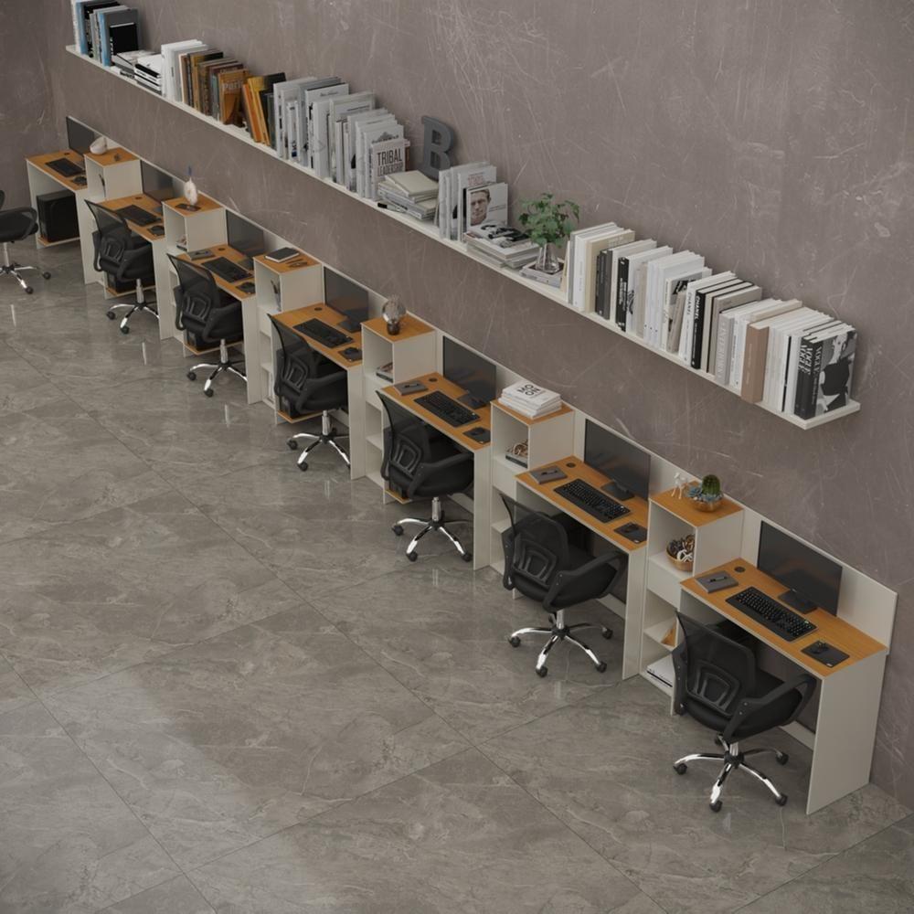 Conjunto De Escritório Tech 6 Livreiro E 7 Mesas 90cm - Vian - Off White E Cedro Off White E Cedro - 1