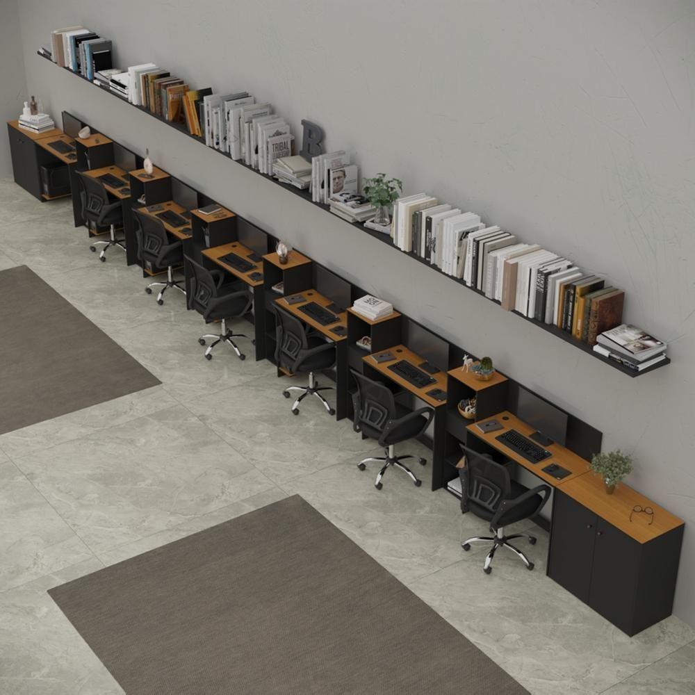 Conjunto De Escritório Tech 6 Livreiro 2 Buffet E 7 Mesas 90 - Preto E Cedro Preto E Cedro - 1