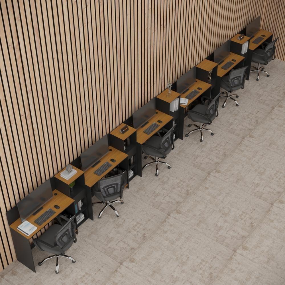 Conjunto De Escritório Tech 5 Livreiro E 6 Mesas 90cm - Vian - Preto E Cedro Preto E Cedro - 1